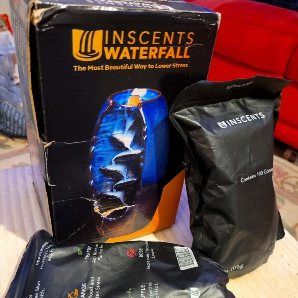 Inscents Waterfall Inscence Burner / 2 bags of 100 Cones .  New